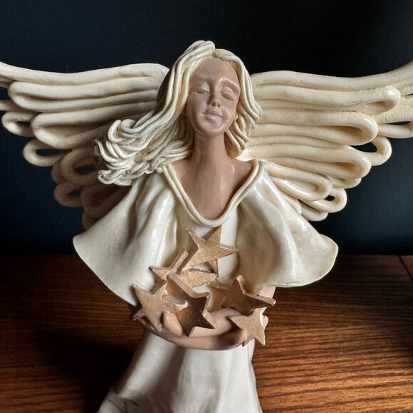 Angel Figurine 8" Tall Porcelain Pottery with Stars on Hands - Heavenly Decor - Picture 3 of 4